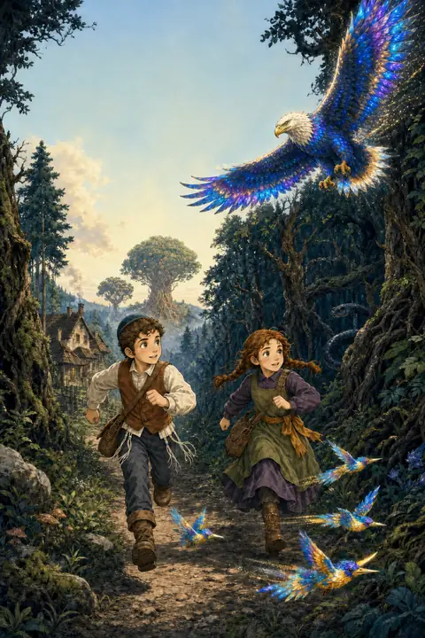 Illustration from Book 1: Moishy and his friend Rivkie run along a forest path while a jewel-feathered eagle soars overhead