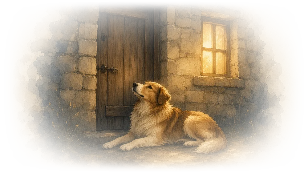 A dog waiting faithfully at its master’s door