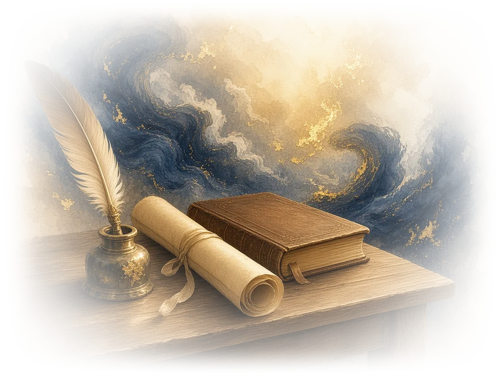 A quill, an inkwell and a scroll